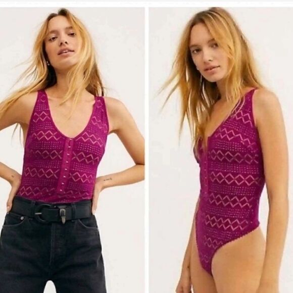Free People Bodysuit Thank you Never in Magenta Small - Picture 1 of 4